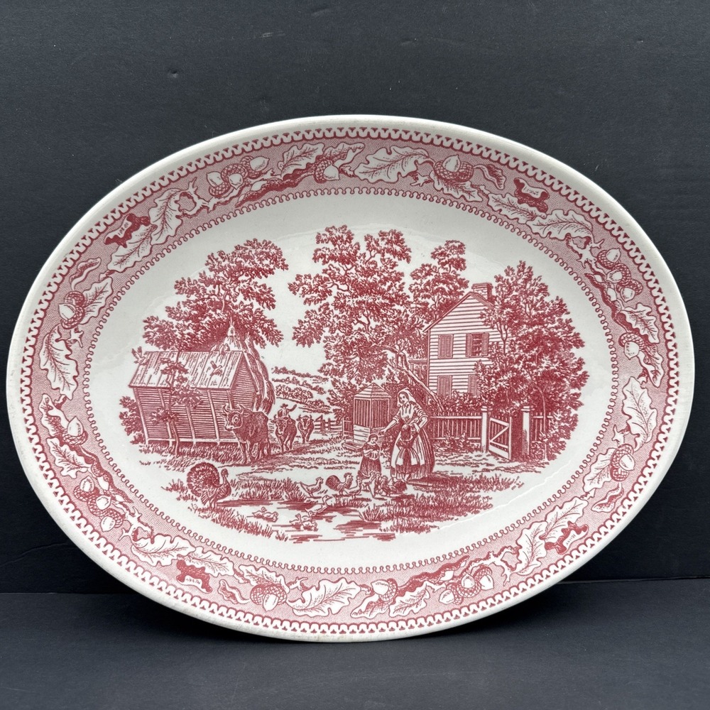 Vtg Royal China Memory Lane Red Transferware 13" Oval Platter USA Serving Plate